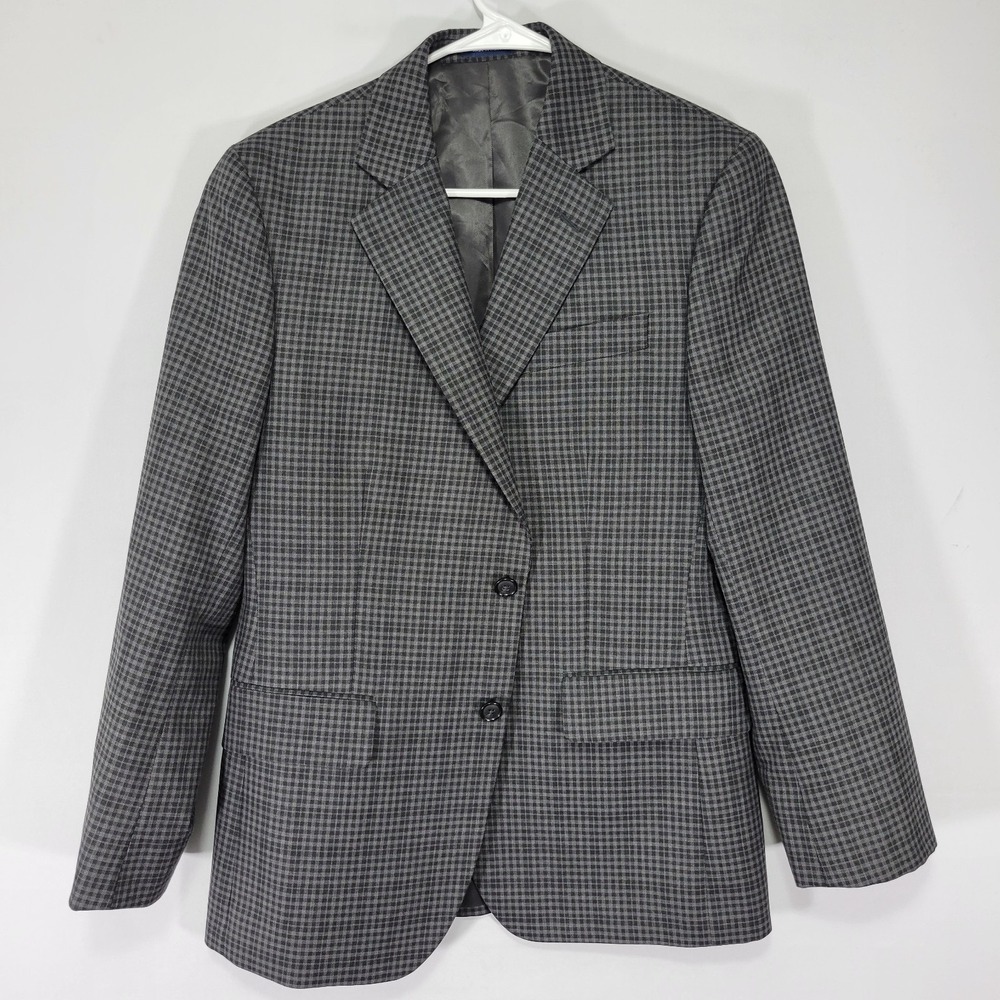 Stafford Men's‎ Sport Coat Blazer Two Button Gray Checked Plaid Poly Blend 36S